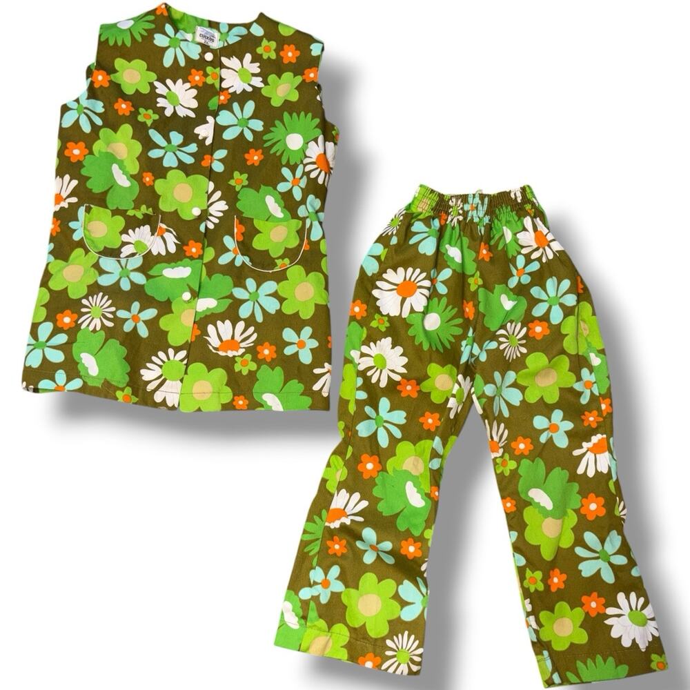 Vintage 70s Cuckoo Floral Pant Set Girls Mod Hippie Cotton Flower Power Groovy